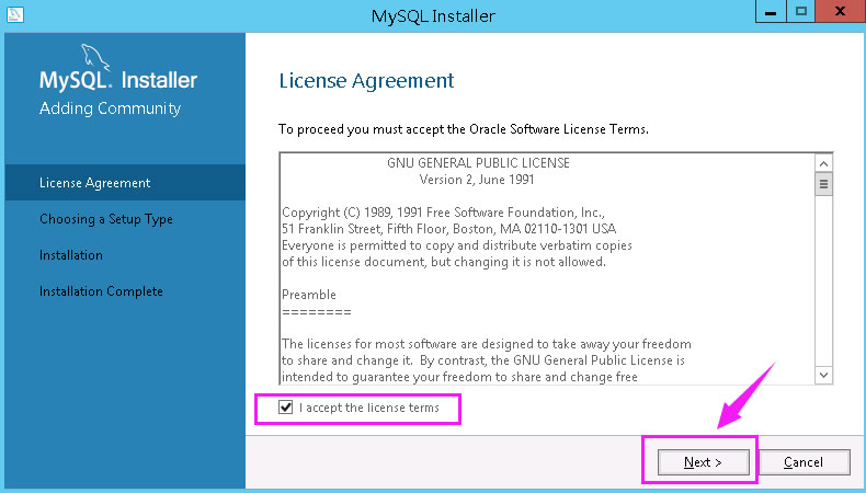安装MySQL社区版之接受许可条款